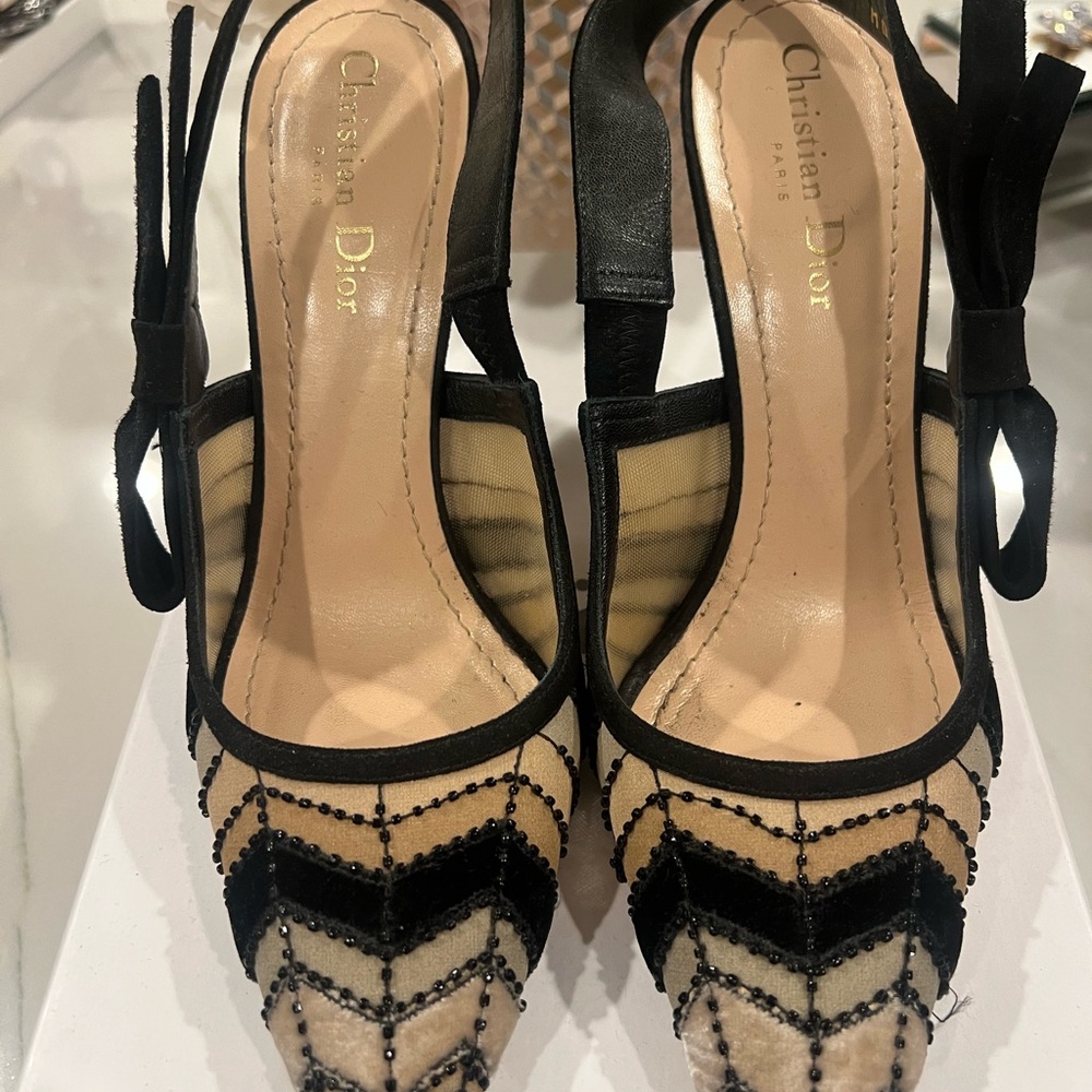 Dior Black and Cream Striped Heels - Picture 3 of 7